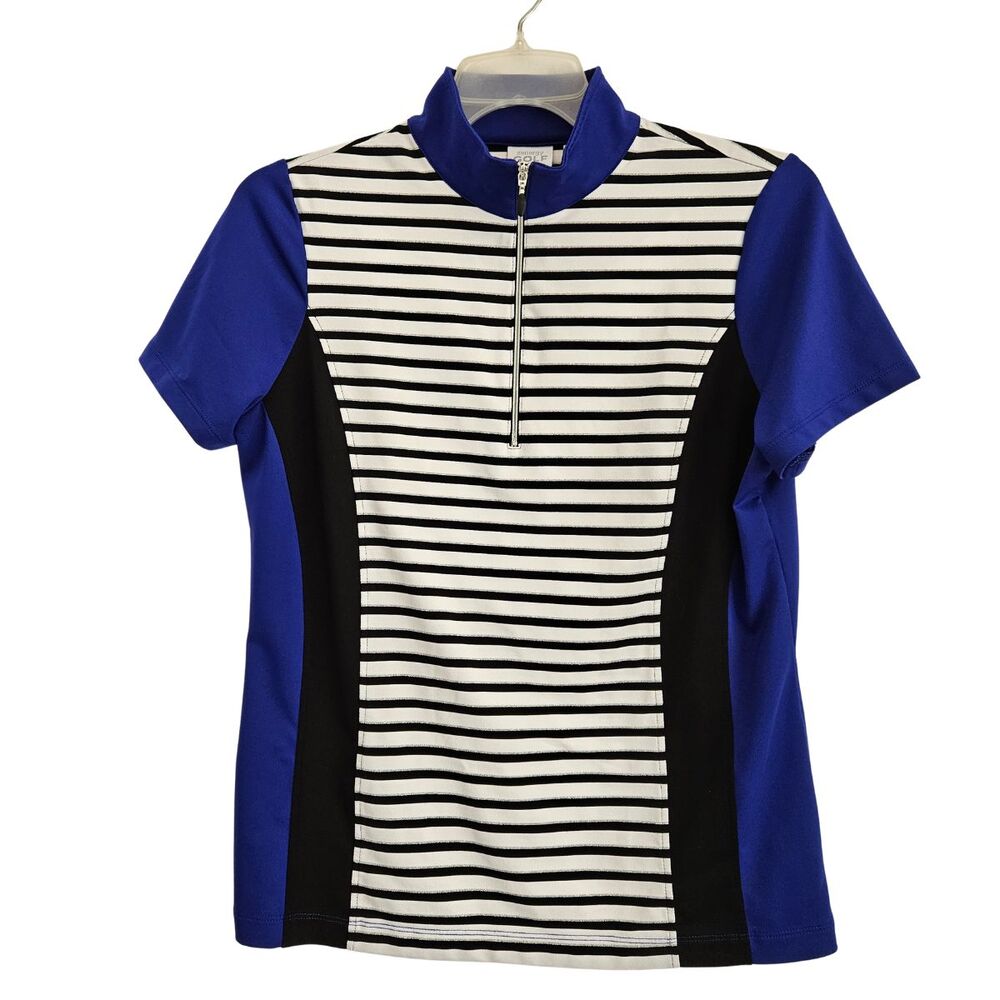 Chicos Zenergy Sz 1 Golf Shirt Womens Medium 8 1/4 Zip Pullover Blk White Blue